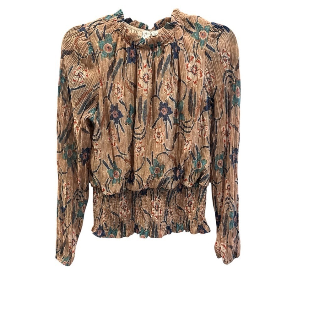 Joie Pleated Floral Metallic Ruffle Blouse Size L‎ BOHO